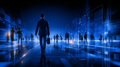 Business professionals walking through a blue-lit modern corridor, illustrating Hungary's 2026 EU Blue Card minimum salary thresholds